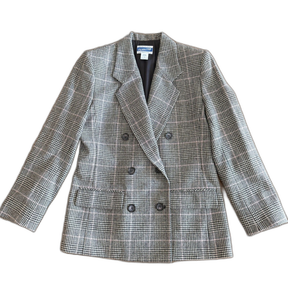 Vintage Pendleton Black Glen Check Plaid Wool Double Breasted Blazer Women's 4